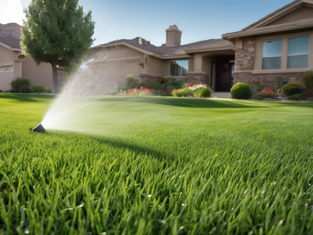 Sprinkler watering a lush green lawn in front of a house.