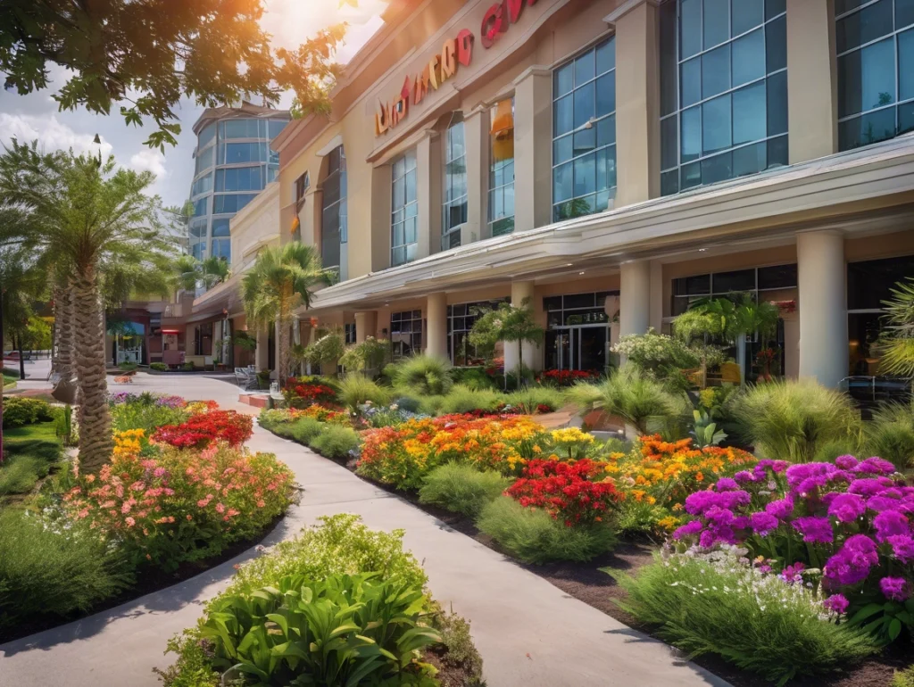 Vibrant flower beds and greenery in front of a commercial building.