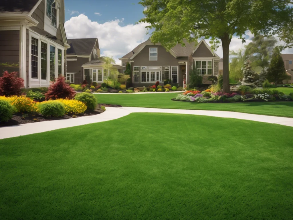Lush green lawn with landscaped flower beds and pathways in a residential area