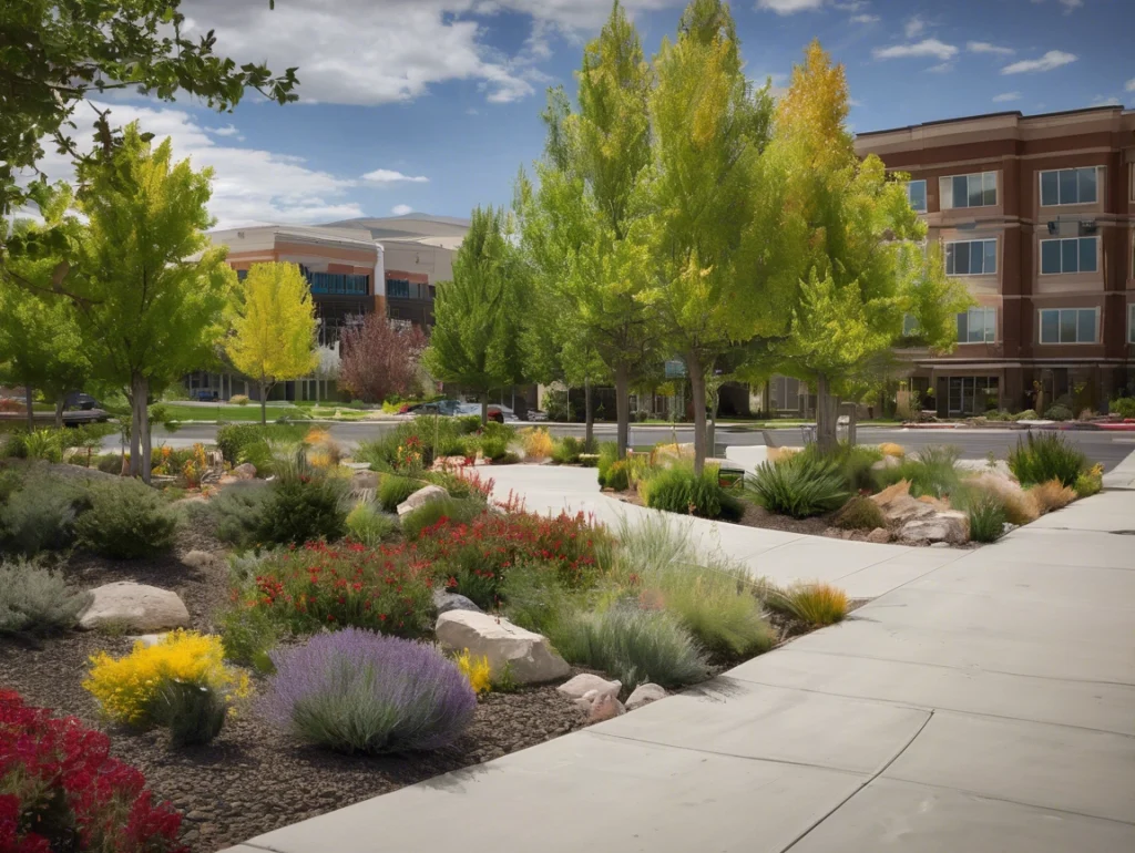 Vibrant commercial landscape with trees, flowers, and pathways in Salt Lake City.