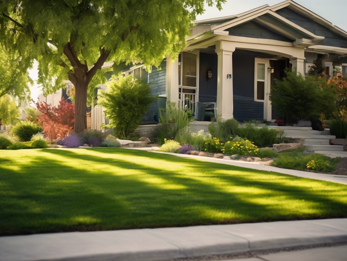 Lush green lawn with colorful landscaping in front of a house.