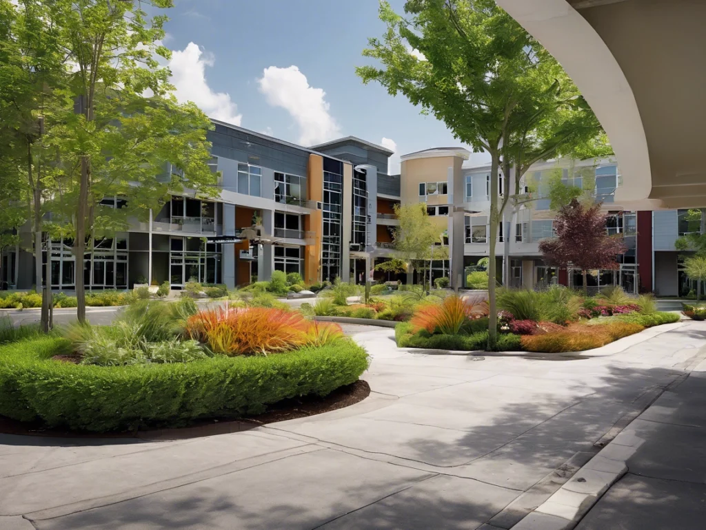 Lush landscaped courtyard with modern buildings and greenery in Salt Lake City.