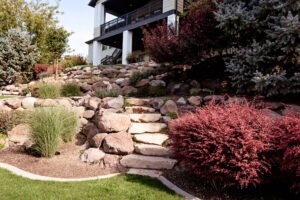 Stone steps leading up a landscaped garden with colorful shrubs and trees.