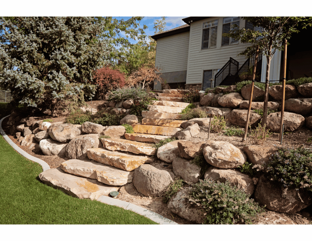 A landscaped Utah front yard featuring large natural stone steps, native plants, and drought-tolerant ground cover, framed by boulders and a mature evergreen tree—illustrating a luxurious, low-water landscape design.