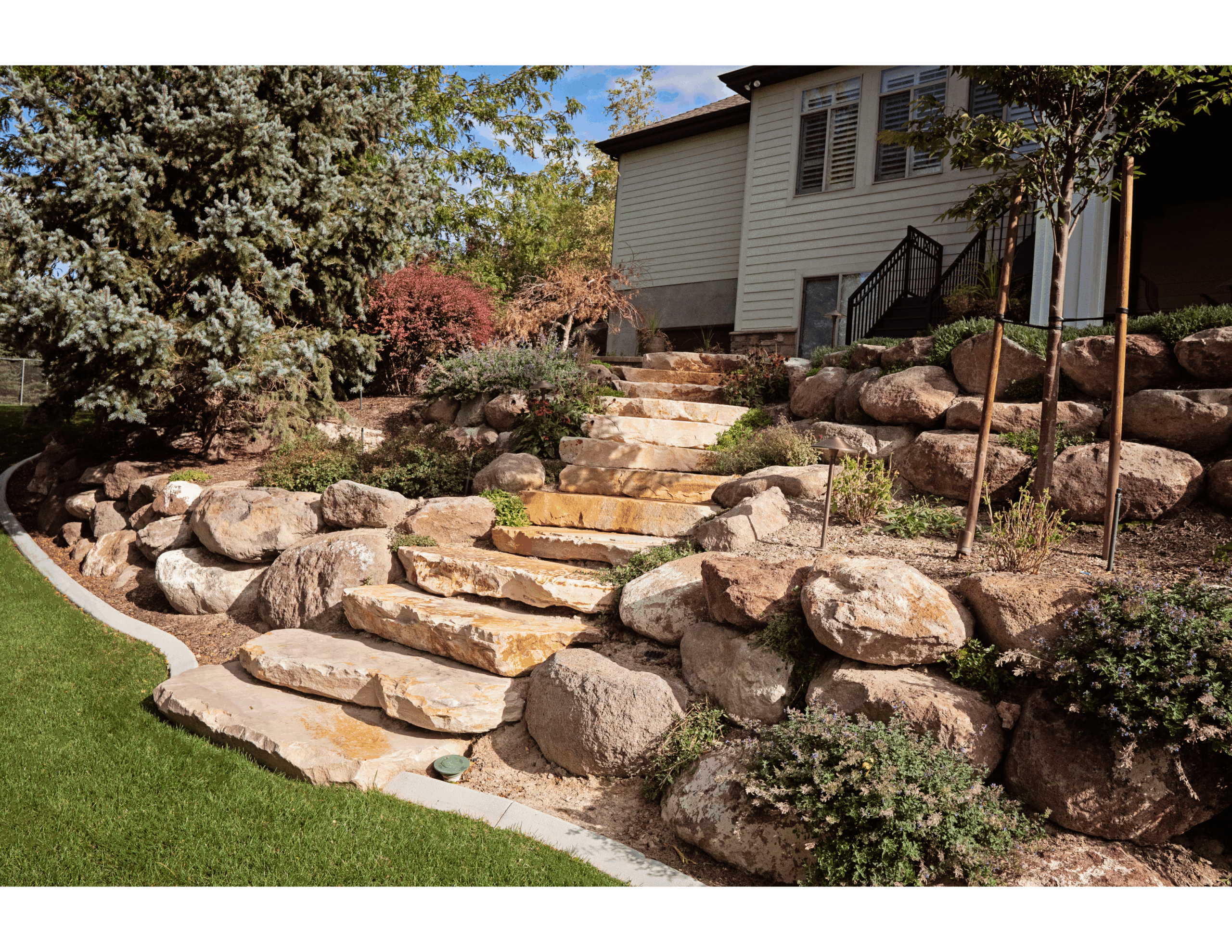 A landscaped Utah front yard featuring large natural stone steps, native plants, and drought-tolerant ground cover, framed by boulders and a mature evergreen tree—illustrating a luxurious, low-water landscape design.