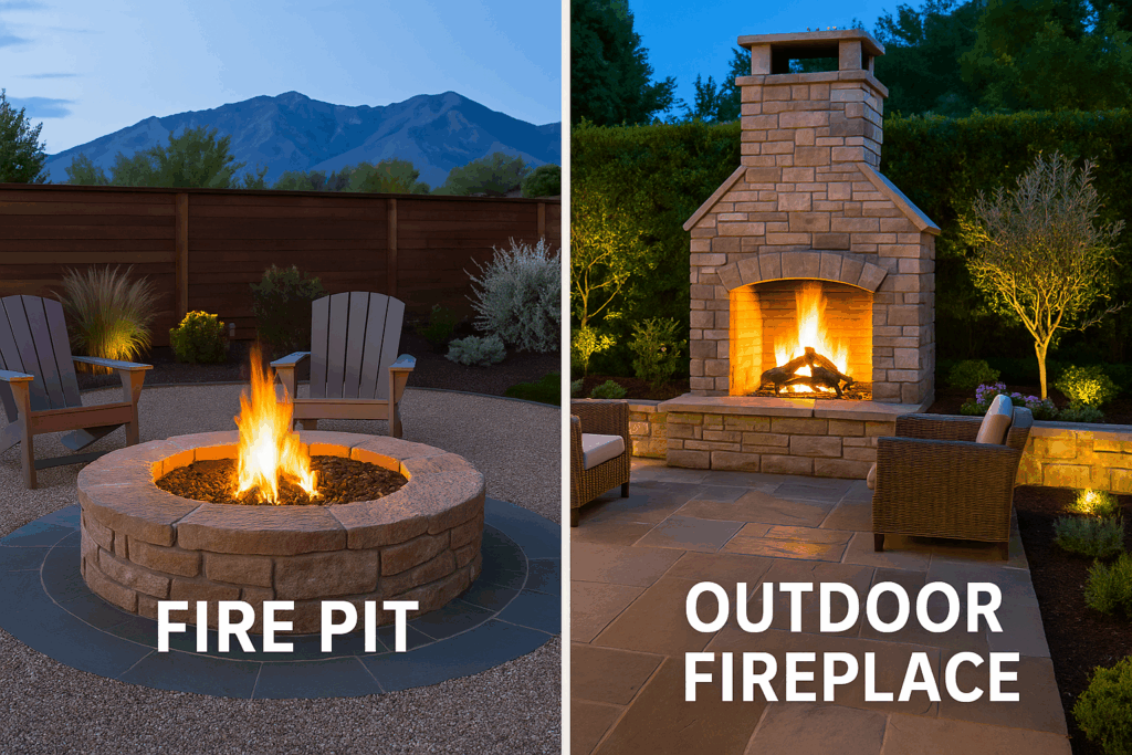 Backyard fire pit and outdoor fireplace comparison in Salt Lake City landscaping