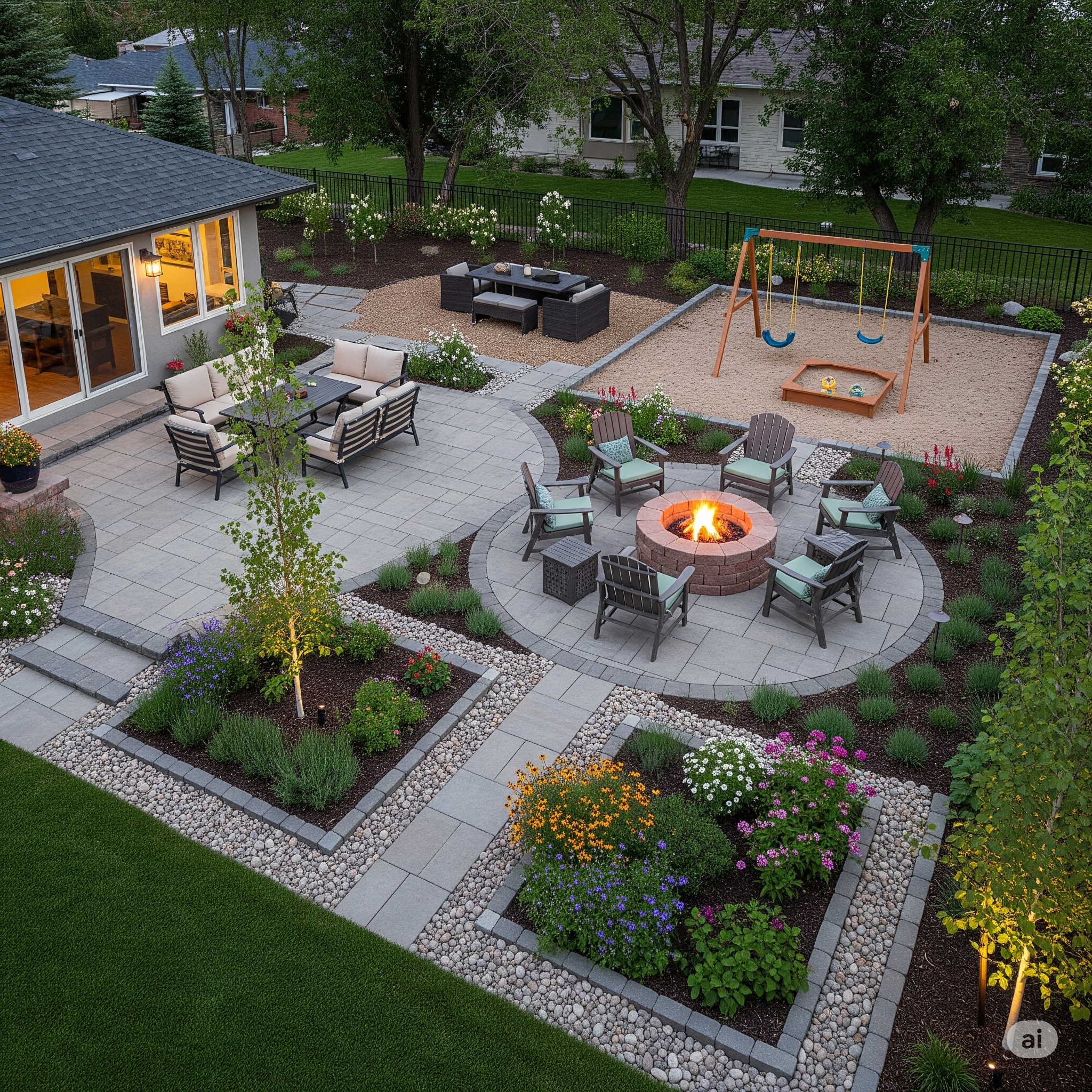 Salt Lake City backyard with multiple zones for relaxing, playing, and gardening