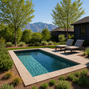 Small plunge pool in Salt Lake City backyard with custom landscaping and mountain views