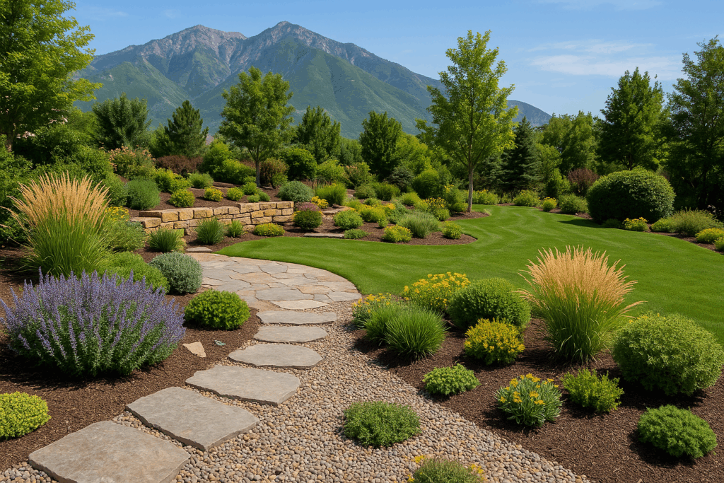 Custom landscape design in Salt Lake City with native plants and stone walkway