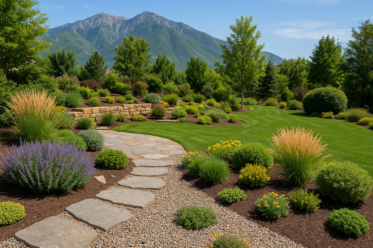 Custom landscape design in Salt Lake City with native plants and stone walkway