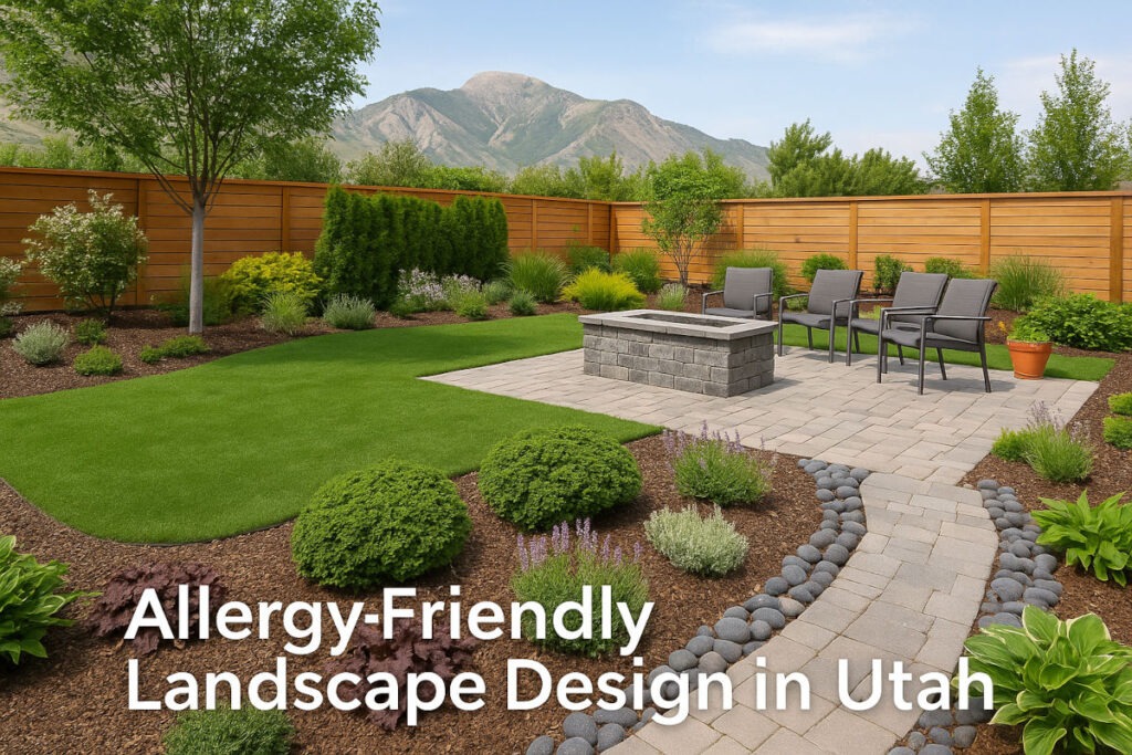 Backyard landscape in Utah with allergy-safe plants, artificial turf, and stone patio