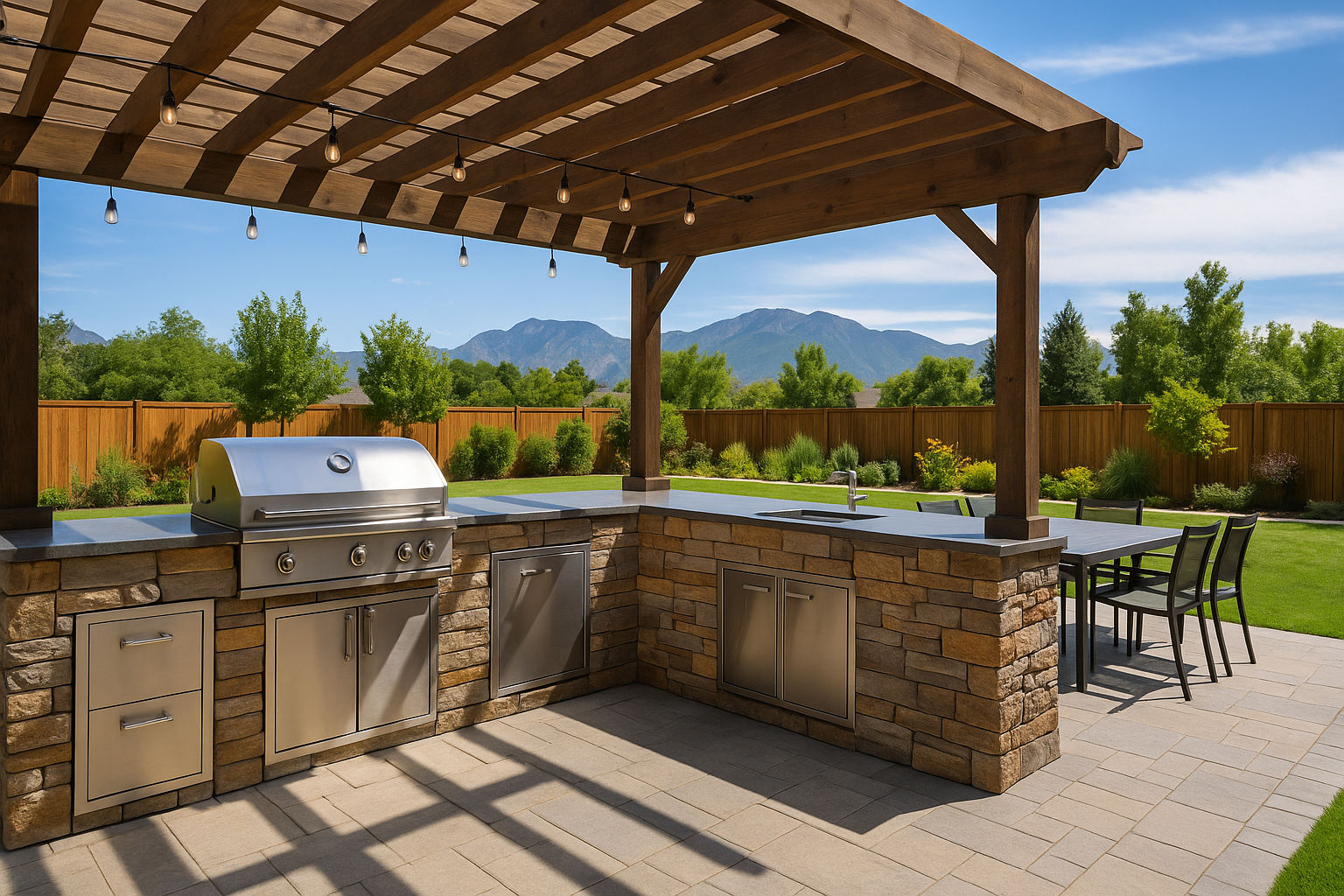 Backyard outdoor kitchen in Salt Lake City with stainless steel grill, stone counters, pergola, and mountain views