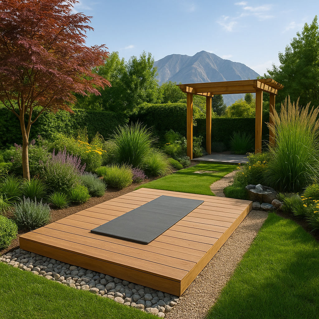 Tranquil Salt Lake City backyard with yoga platform, native plants, and mountain views