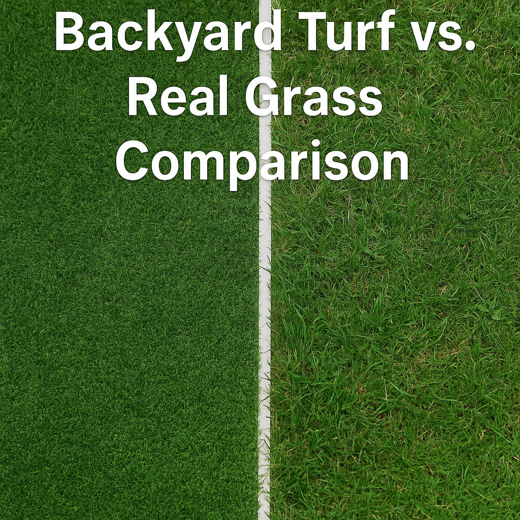 Side-by-side image of turf and natural grass to compare appearance, color, and maintenance