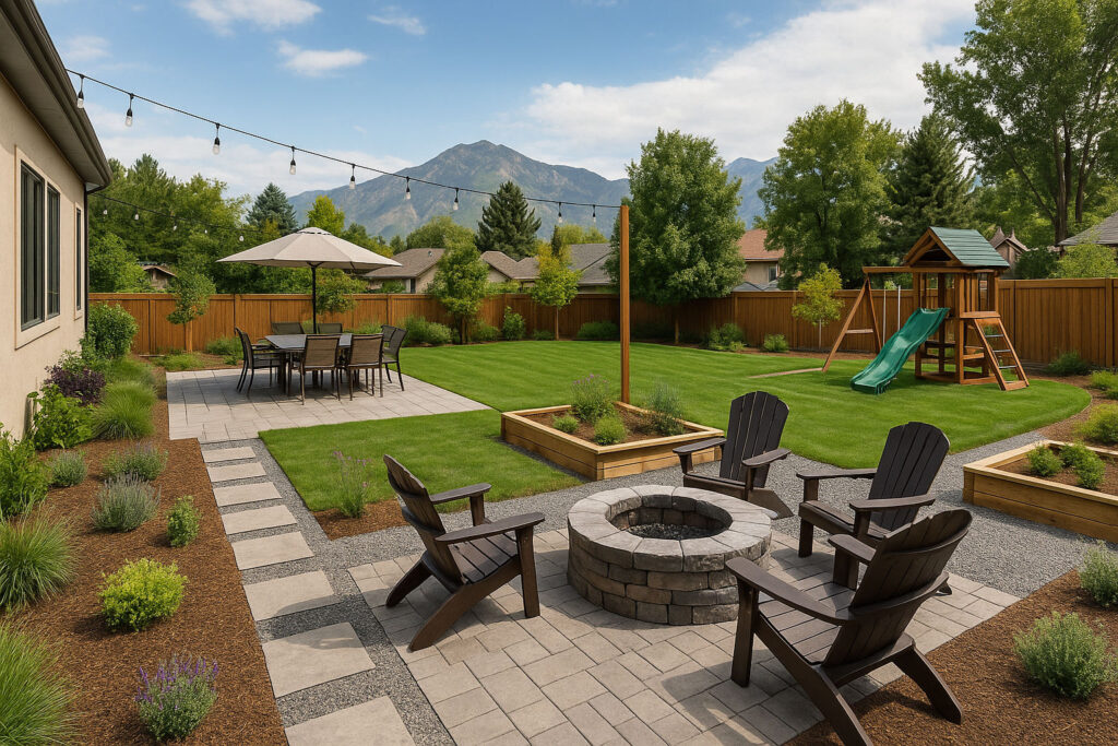 Salt Lake City backyard with dining patio, fire pit, raised garden beds, and a play area framed by the Wasatch Mountains