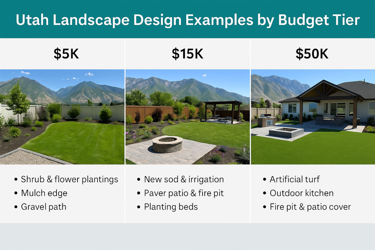 Comparison of landscape design projects in Utah at $5K, $15K, and $50K levels