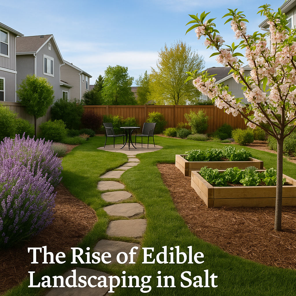 A backyard in Salt Lake City featuring raised garden beds, fruit trees, and ornamental vegetables integrated into landscape design