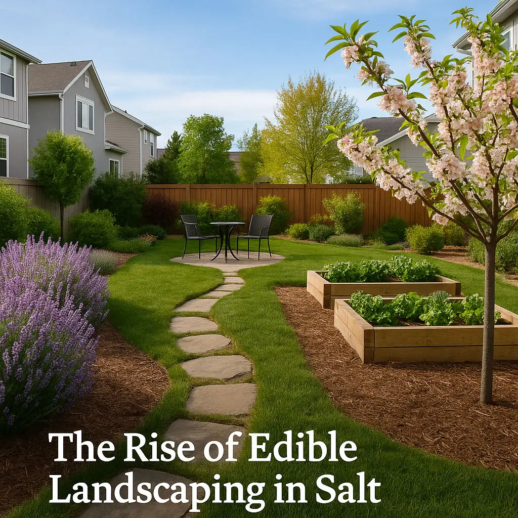 A backyard in Salt Lake City featuring raised garden beds, fruit trees, and ornamental vegetables integrated into landscape design