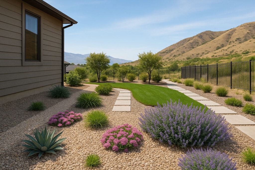 A Salt Lake City foothill yard with fire-resistant plants, gravel mulch, and defensible space layout showing wildfire-smart landscaping.
