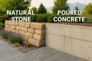 A backyard in Salt Lake City showcasing two types of retaining walls—one made of natural stone and the other of poured concrete—highlighting differences in texture, drainage, and design style.