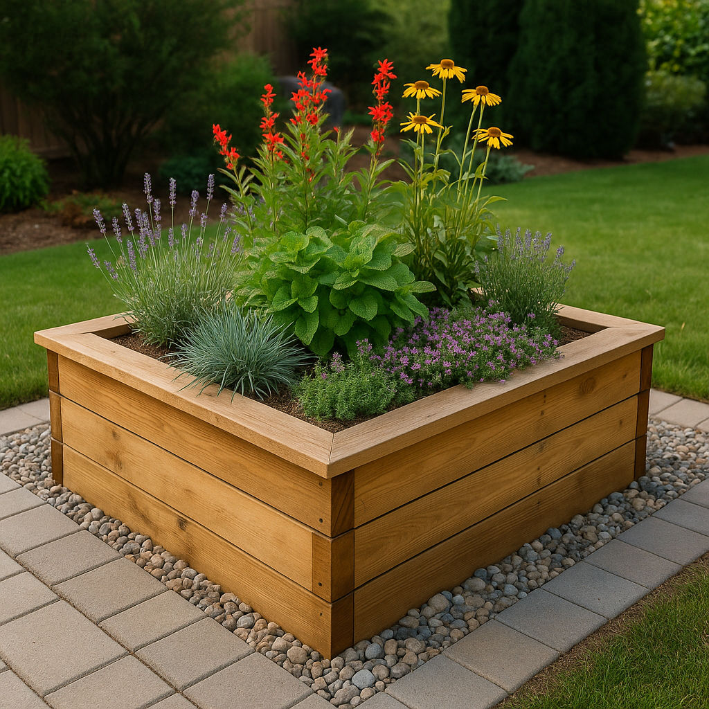 A raised rectangular wooden garden bed filled with colorful drought-tolerant plants, set on a paver and pebble base in a neatly landscaped Utah backyard.