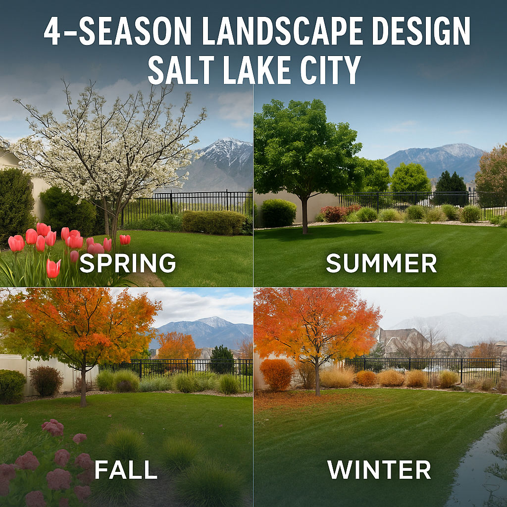 Four-season collage of a Salt Lake City residential yard showcasing spring blooms, summer greenery, autumn foliage, and winter snow