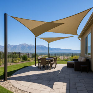 A modern south-facing backyard with angular shade sails installed above a patio, offering partial shade with mountain views in the background.