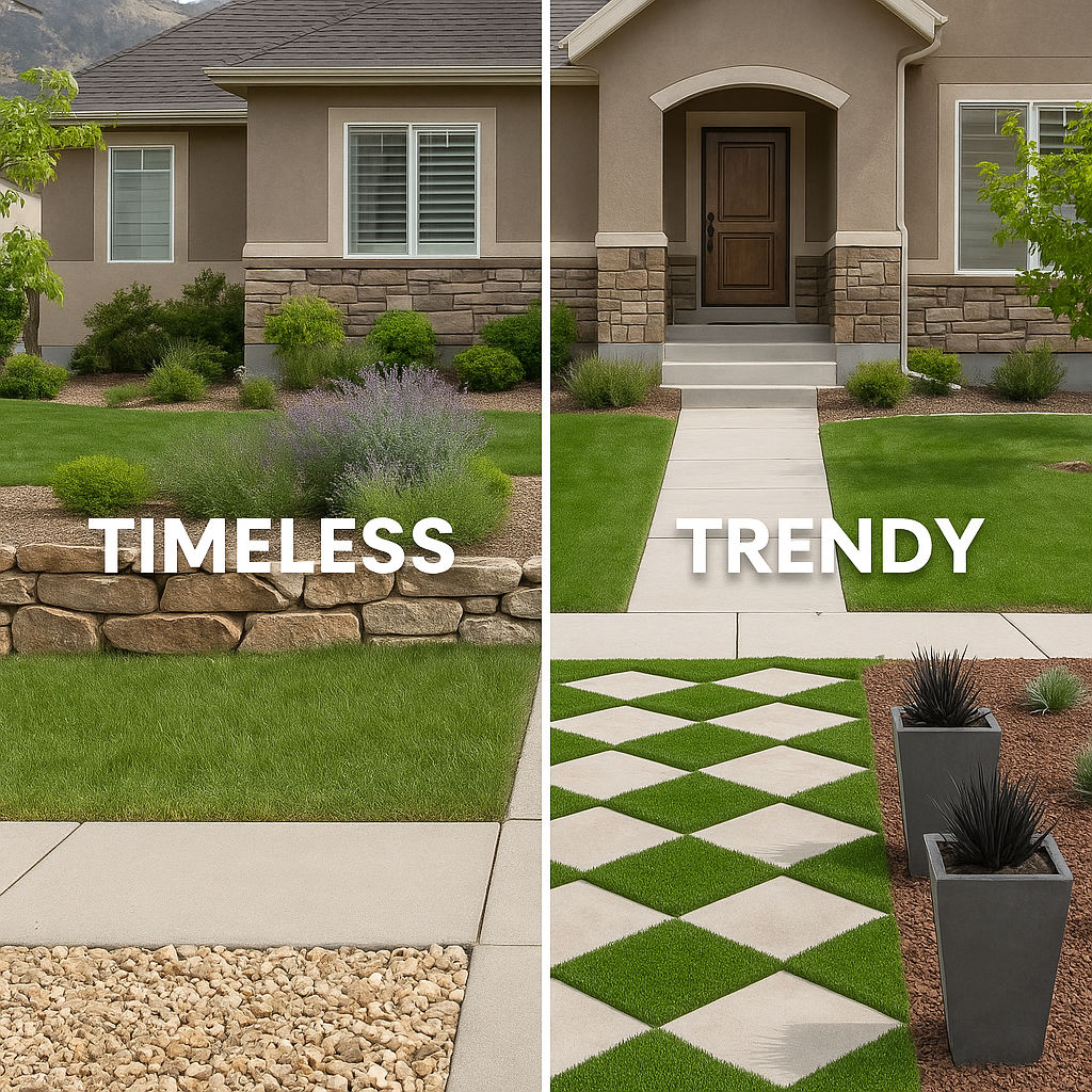 Split-view image showing one side of a yard with timeless design elements (natural stone, native plants, neutral tones), and the other side with trendy, bold elements (geometric turf, colorful mulch, modern planters), with a clear line dividing both styles.