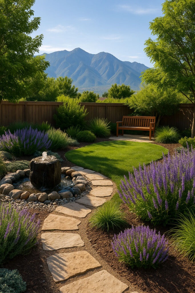 A peaceful landscape design with curved paths, lavender, and a water feature in a Salt Lake City yard