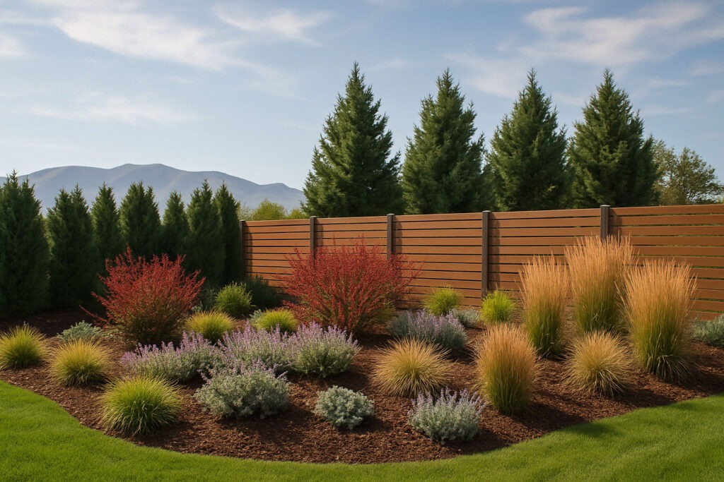 Smart Utah landscaping with wind-tolerant trees, layered plantings, and natural windbreaks protecting a Salt Lake City backyard from canyon gusts