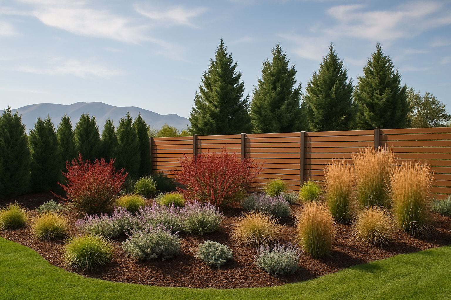 Smart Utah landscaping with wind-tolerant trees, layered plantings, and natural windbreaks protecting a Salt Lake City backyard from canyon gusts