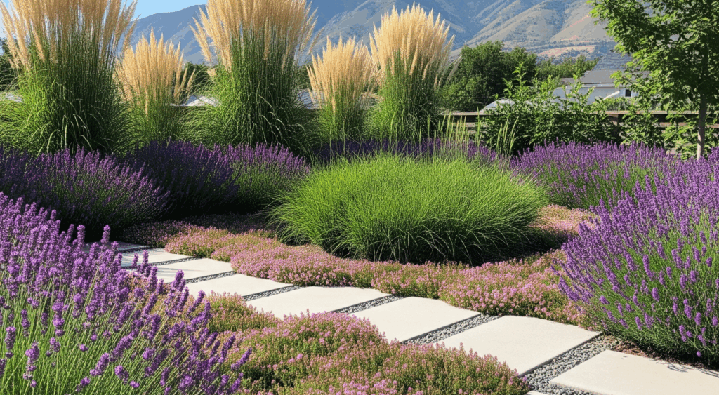 Salt Lake City front yard with ornamental grasses, lavender, and stone pathways replacing a dead summer lawn