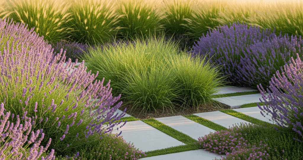 Salt Lake City front yard with ornamental grasses, lavender, and stone pathways replacing a dead summer lawn