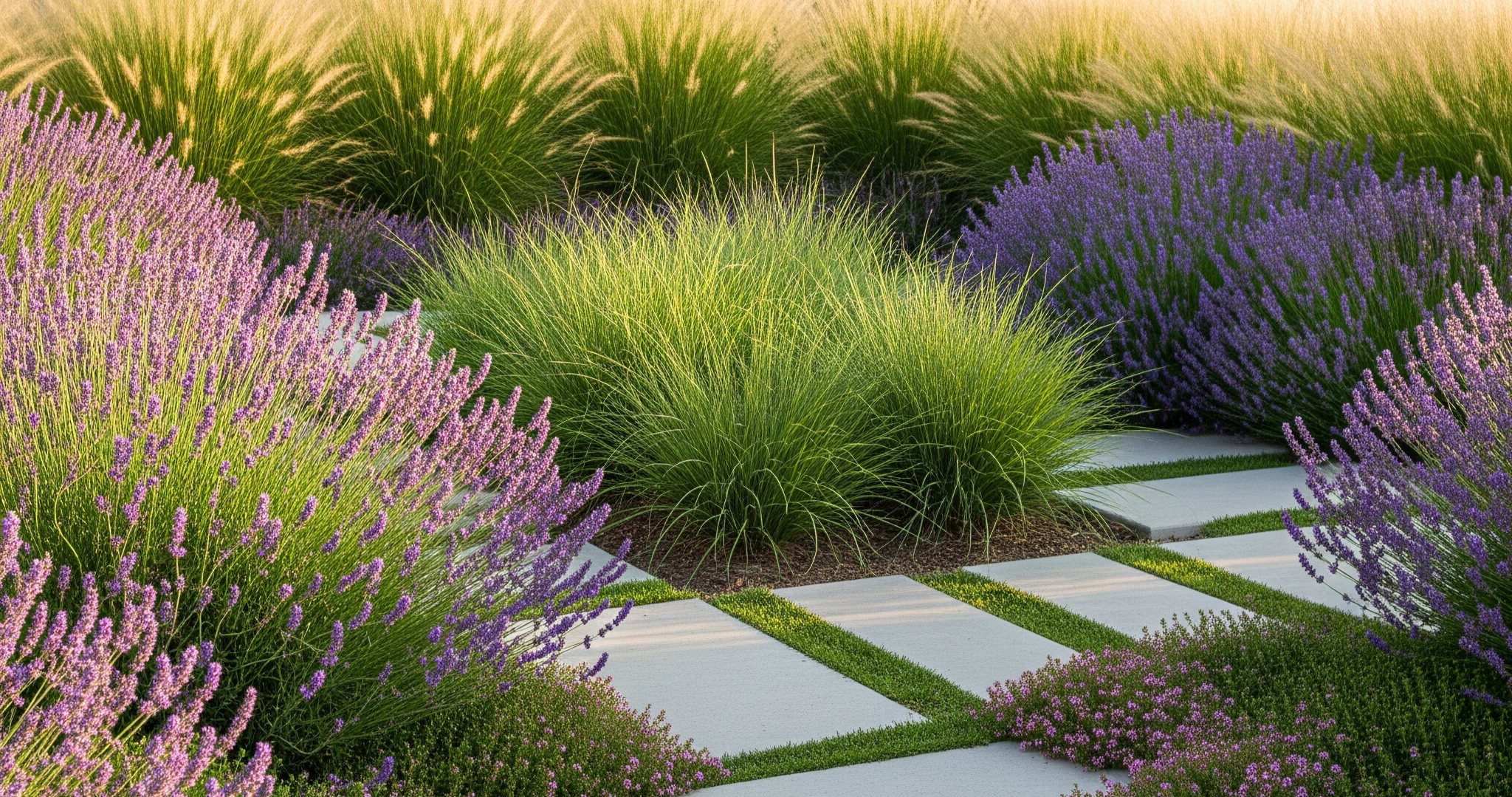 Salt Lake City front yard with ornamental grasses, lavender, and stone pathways replacing a dead summer lawn