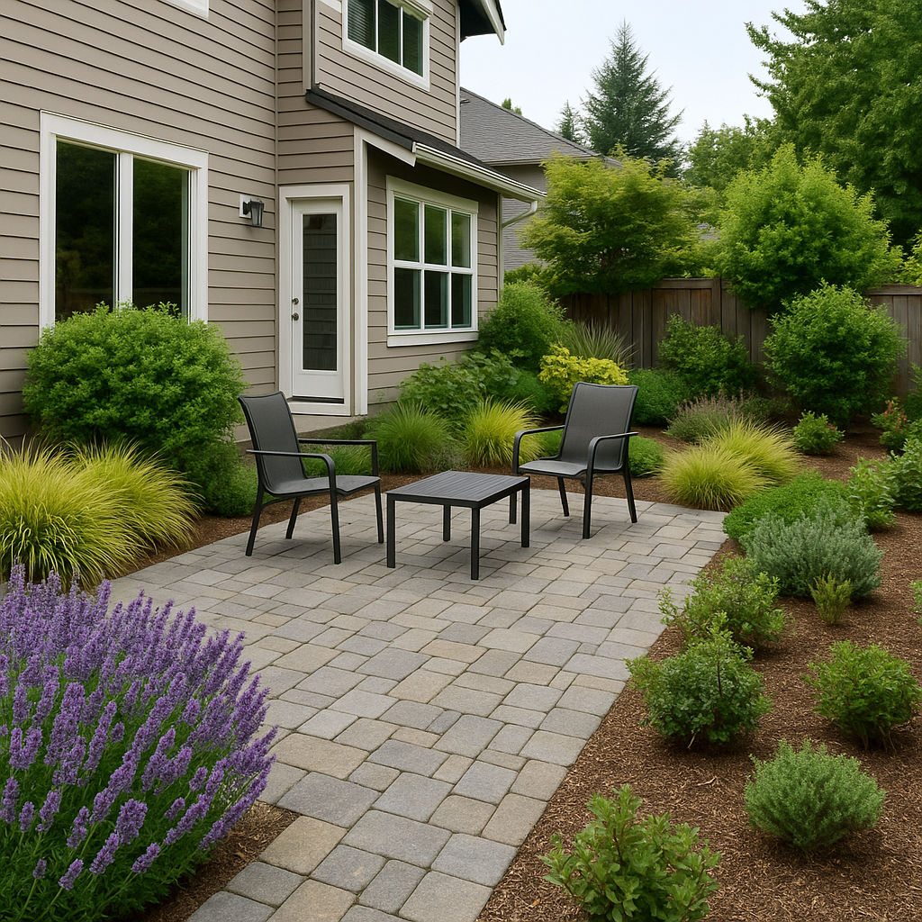 Salt Lake City yard with drought-tolerant plants, permeable paver patio, and native shrubs