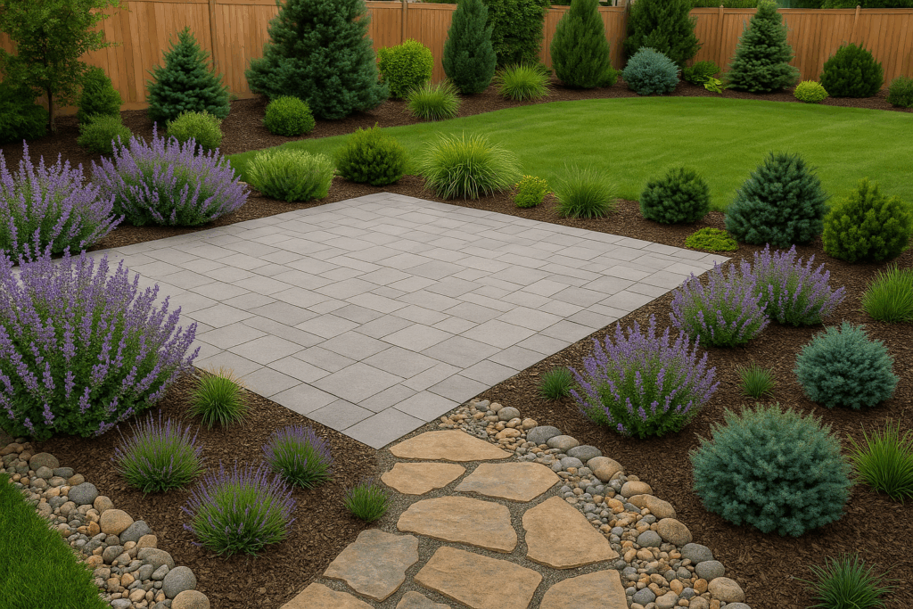 Salt Lake City backyard with a paver patio, stone pathways, and softscape plantings of lavender and ornamental grasses