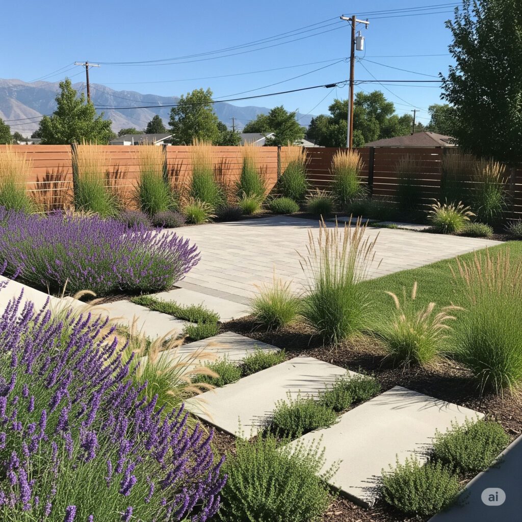 Salt Lake City backyard with xeriscape design featuring pavers, native plants, and drought-tolerant landscaping