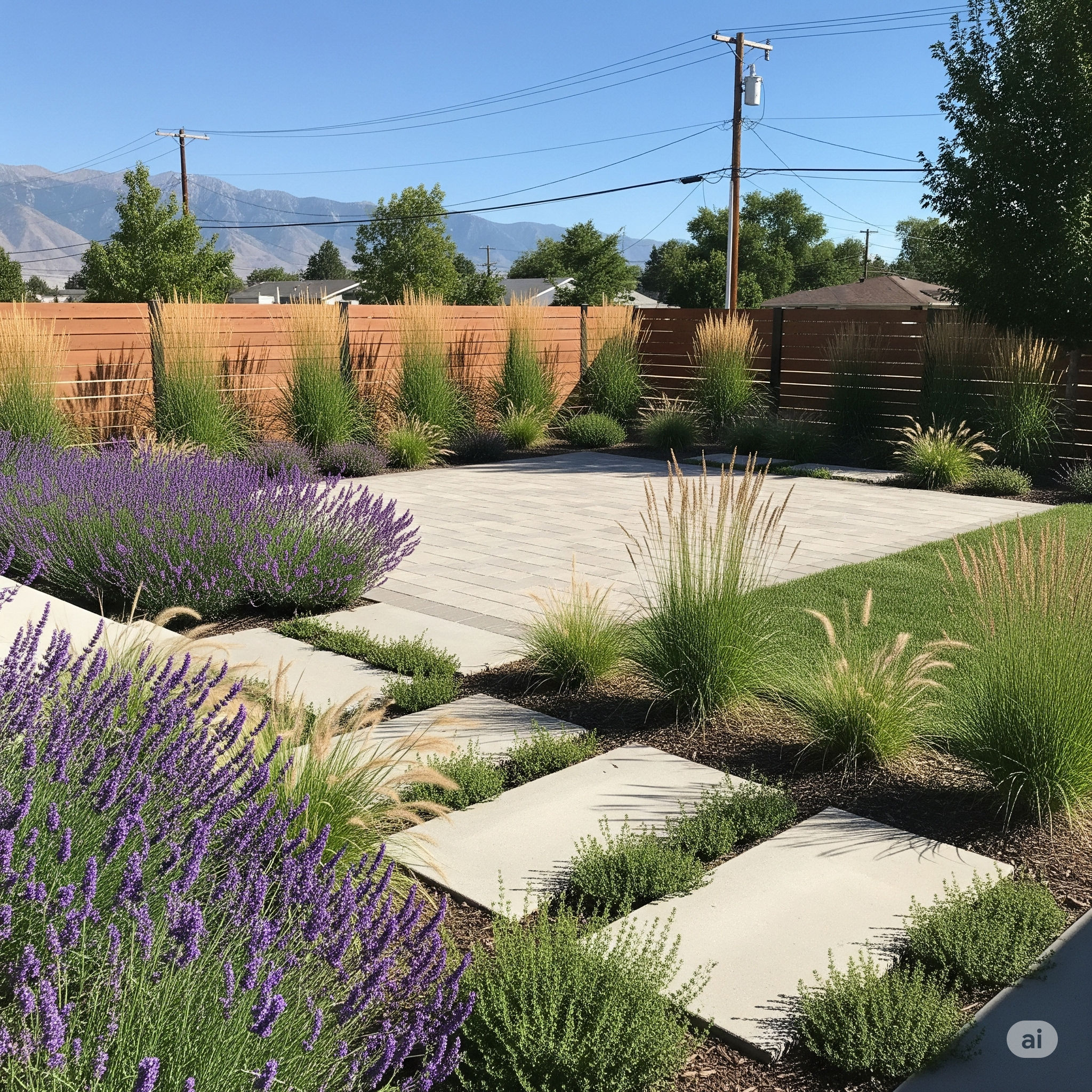 Salt Lake City backyard with xeriscape design featuring pavers, native plants, and drought-tolerant landscaping