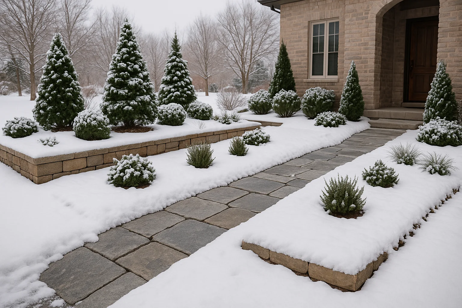 A Salt Lake City front yard with evergreens, stone pathways, and snow-covered raised beds
