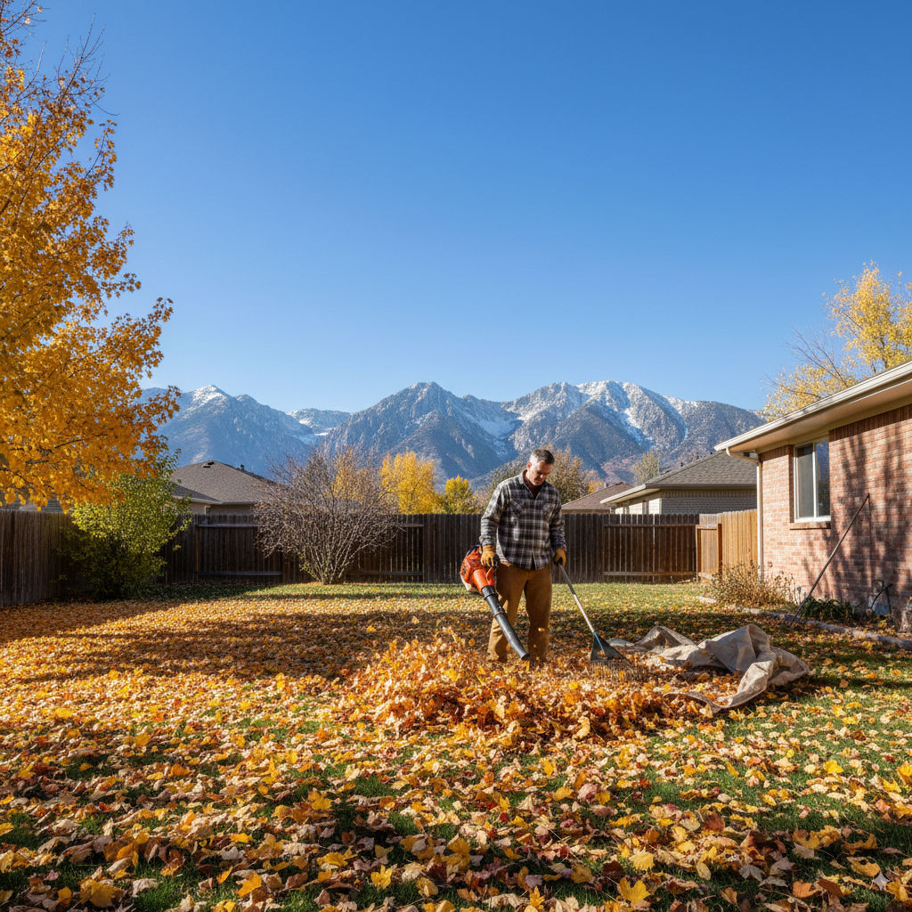Professional landscaper removing leaves from a Salt Lake City lawn during fall cleanup