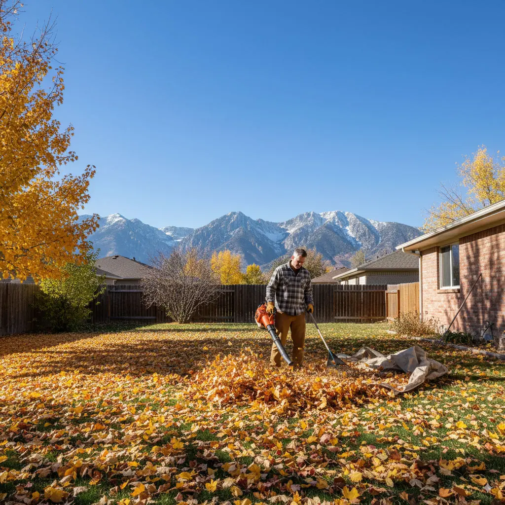 Professional landscaper removing leaves from a Salt Lake City lawn during fall cleanup