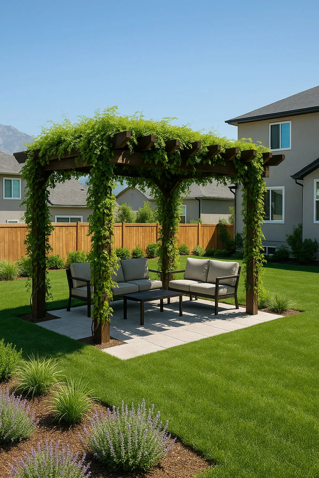 Salt Lake City backyard pergola with climbing vines providing shade