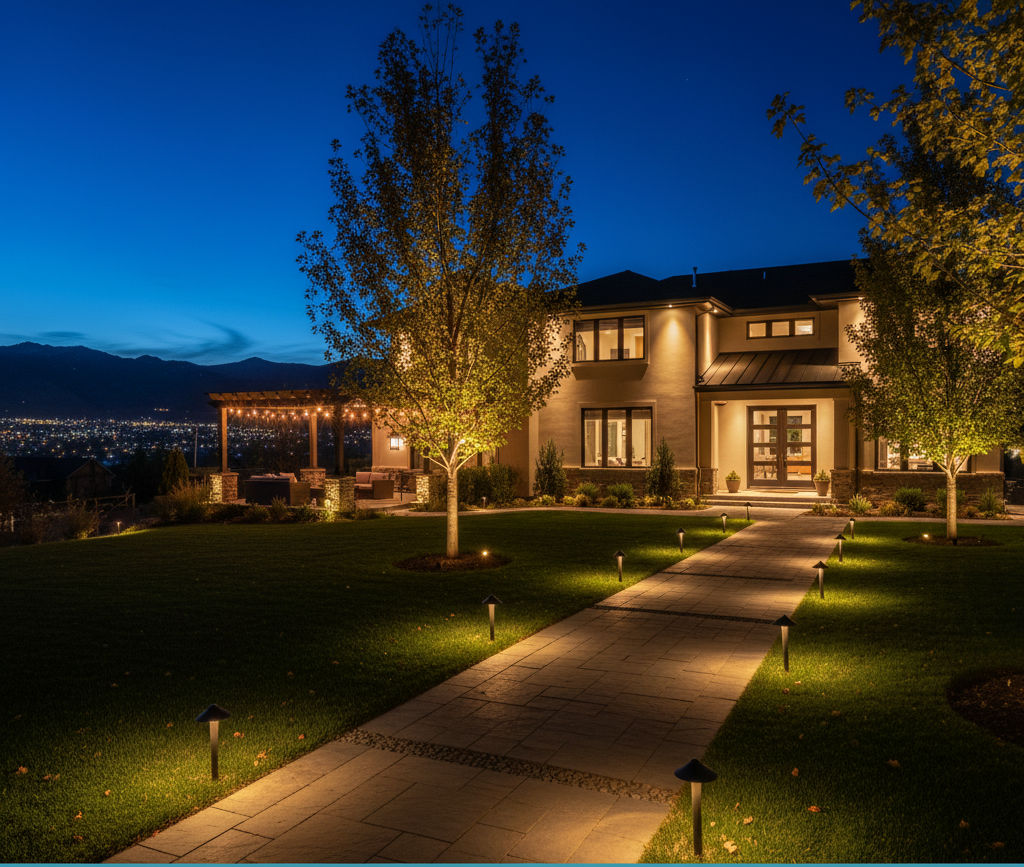 Professionally designed outdoor lighting illuminating a Salt Lake City home’s front yard and pathway at night.