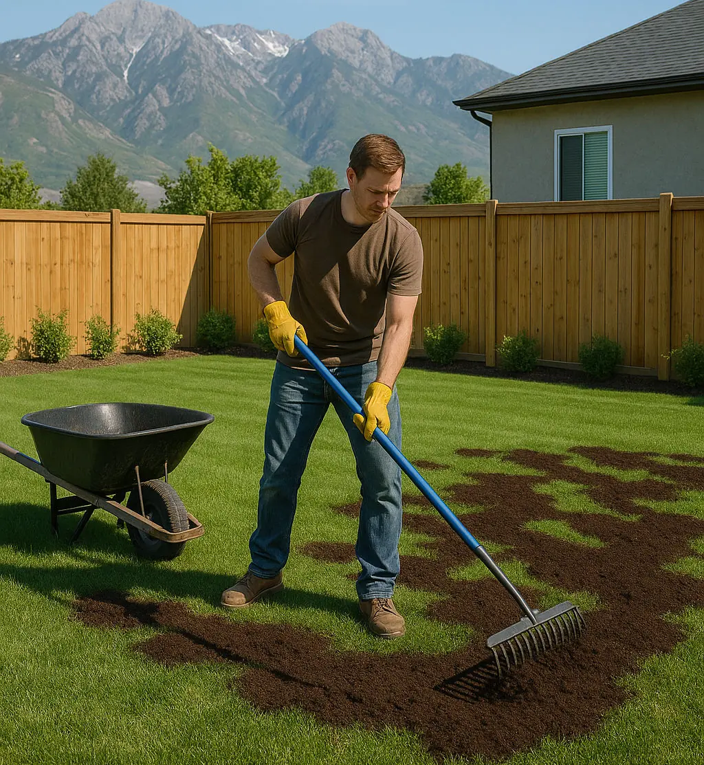 Salt Lake City homeowner adding compost to lawn soil