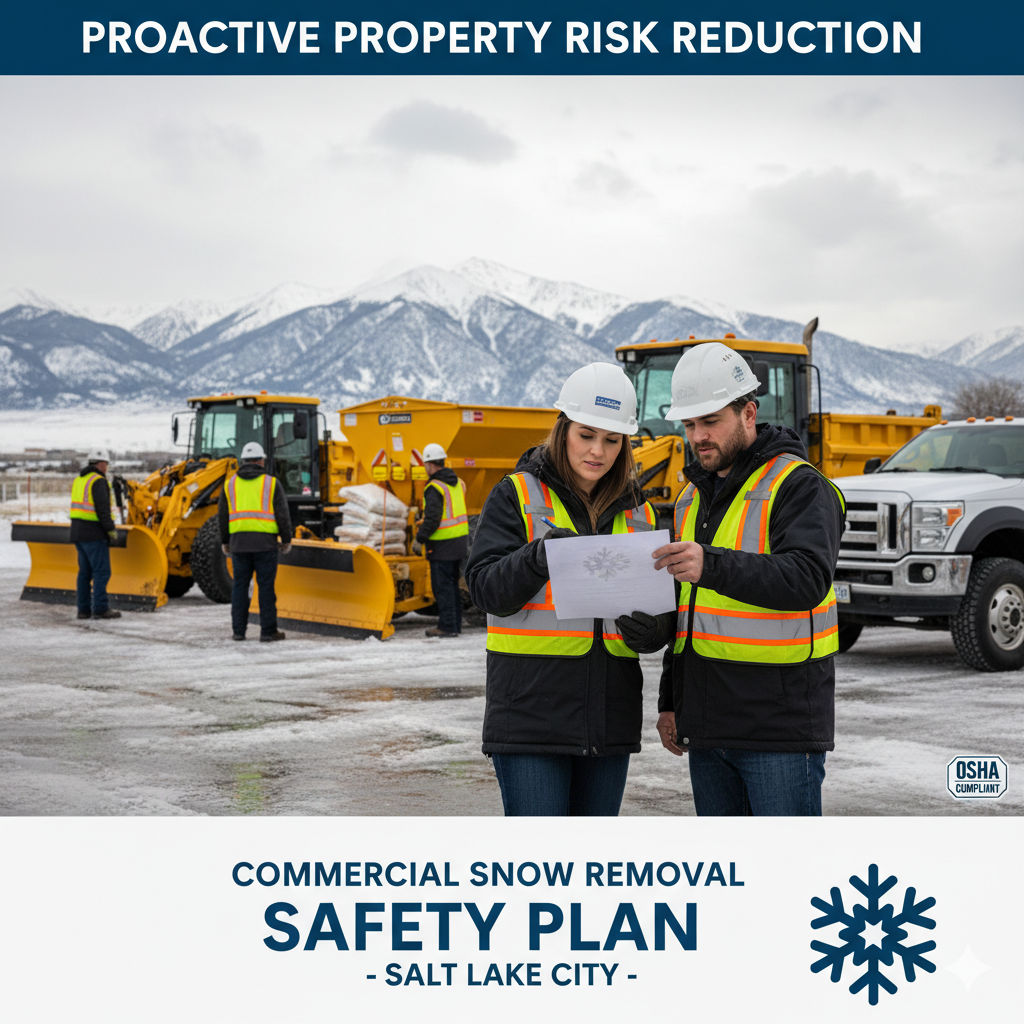 Professional snow removal contractor in Salt Lake City reviewing a safety plan and inspecting equipment before a winter storm.