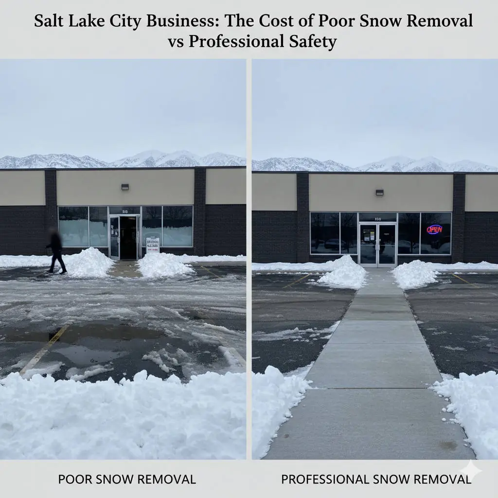 A split image contrasting a hazardous, poorly cleared Salt Lake City commercial parking lot with a pristine, safely cleared one, emphasizing the difference in business risk and accessibility.