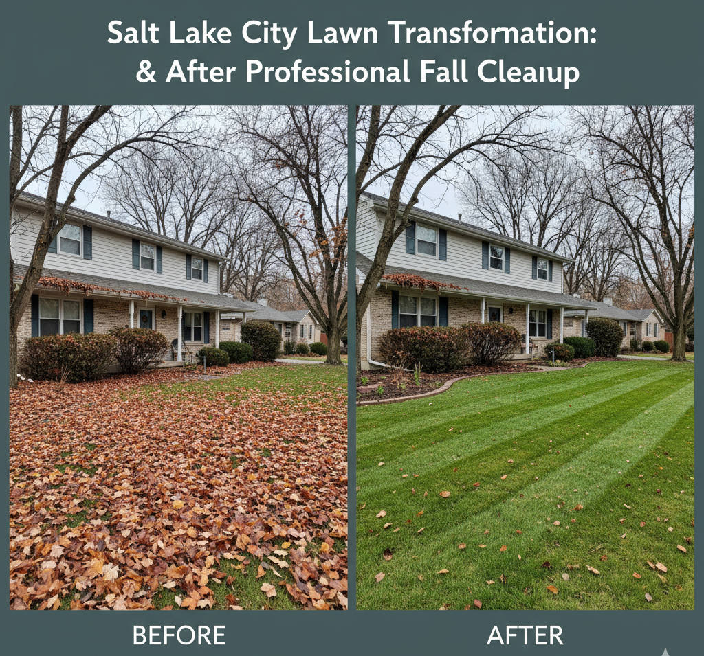 A dramatic split-image or GIF showing a neglected, leaf-covered Salt Lake City lawn (before) transforming into a clean, manicured yard ready for winter (after), showcasing professional fall cleanup.