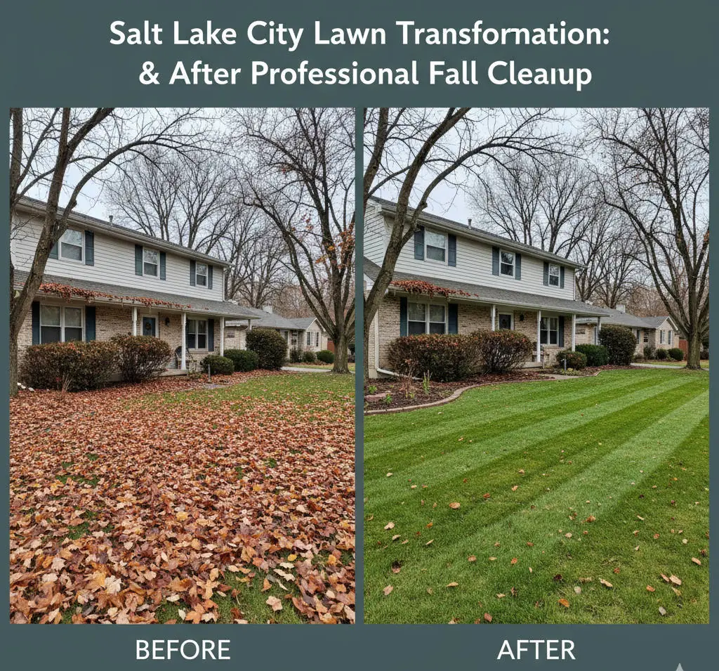 A dramatic split-image or GIF showing a neglected, leaf-covered Salt Lake City lawn (before) transforming into a clean, manicured yard ready for winter (after), showcasing professional fall cleanup.
