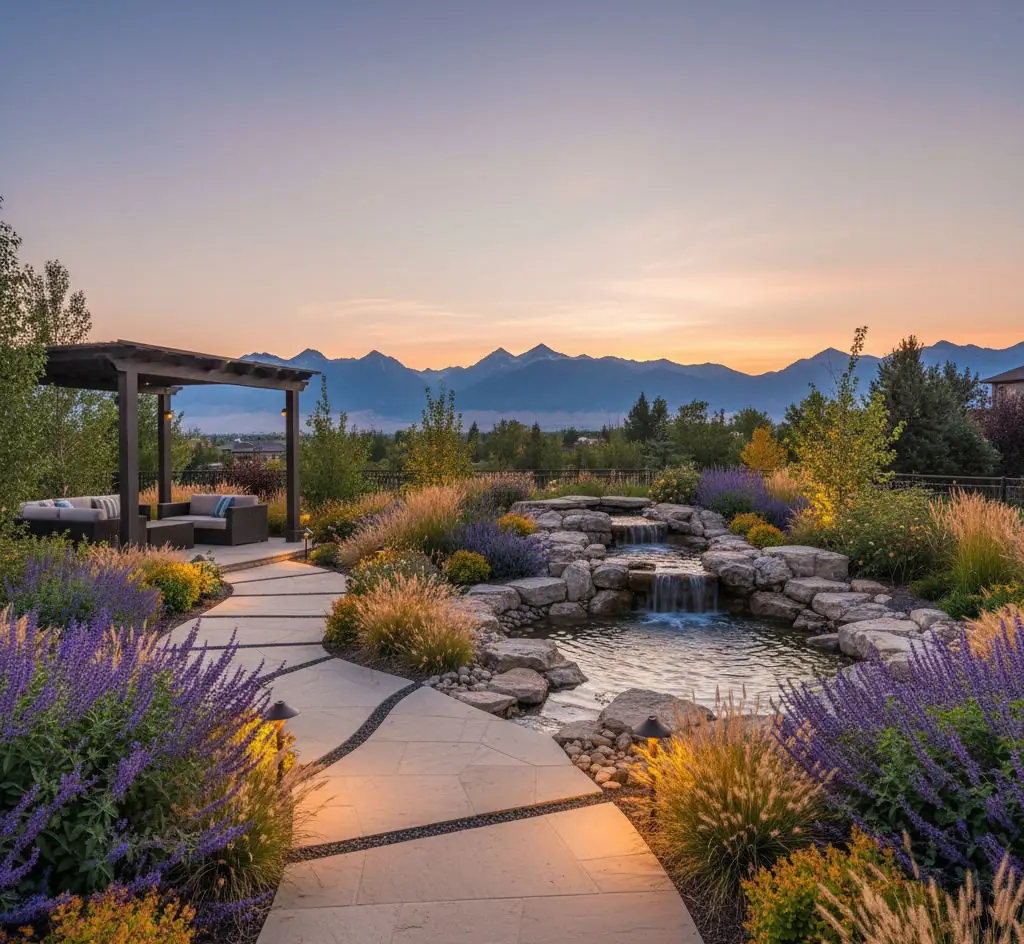 Luxury backyard in Salt Lake City with balanced colors, flowing walkways, and soft lighting designed to evoke calm and connection.