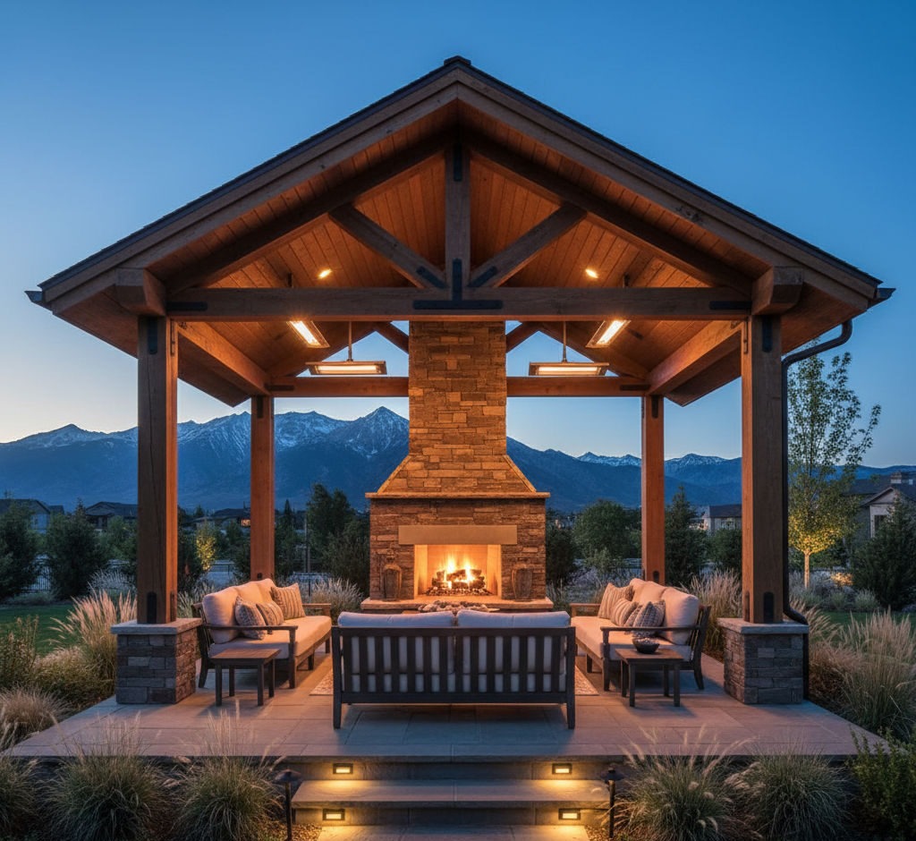Elegant covered outdoor living room in Salt Lake City featuring stone fireplace, ambient lighting, and comfortable seating with mountain views.